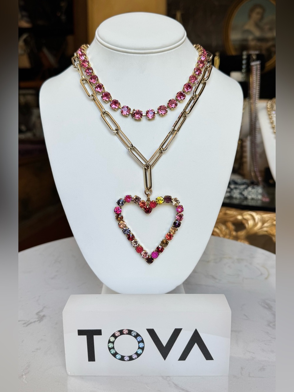 TOVA pink Multi stone mix HEART NECKLACE 
Pink Multistone Heart Pendant
